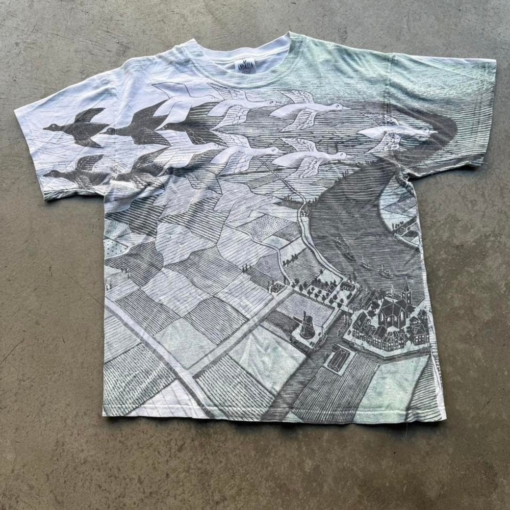 RARE Vintage 90s Andazia M.C. Escher Day and Night AOP Art Single Stitch Size XL